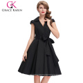 Grace Karin Wholesale Cap Sleeve Cotton Lapel Collar Black Deep V Neck Vintage 1950s Dress CL6087-1